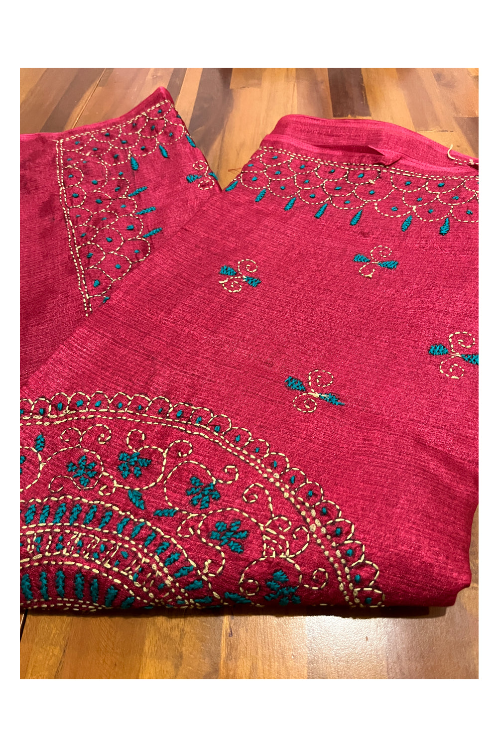 Southloom Semi Tussar Kantha Thread Work Maroon Saree