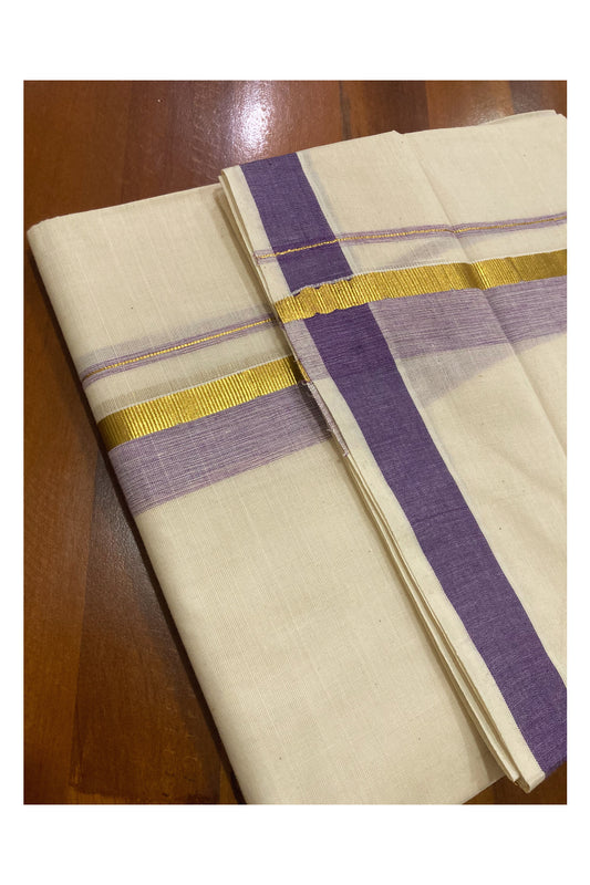 Pure Cotton Off White Double Mundu with Violet and Kasavu Border (South Indian Dhoti)