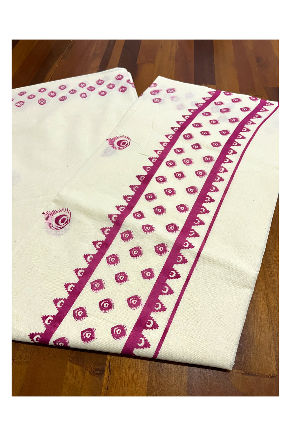 Pure Cotton Off White Kerala Saree with Pink Block Print Border (Onam 2024 Collection)