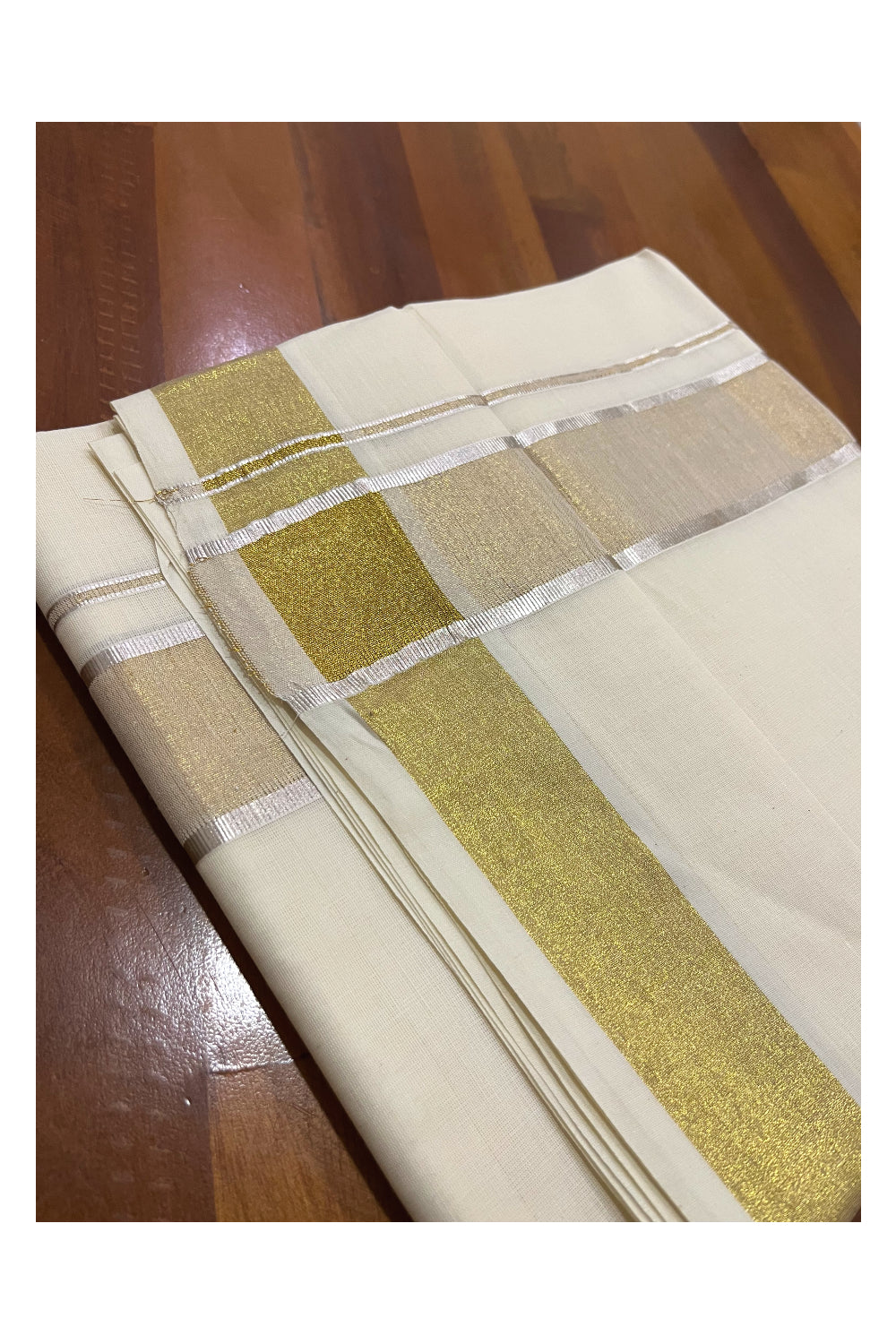 Pure Cotton Off White Double Mundu with Silver and Golden Kasavu Border (South Indian Dhoti)