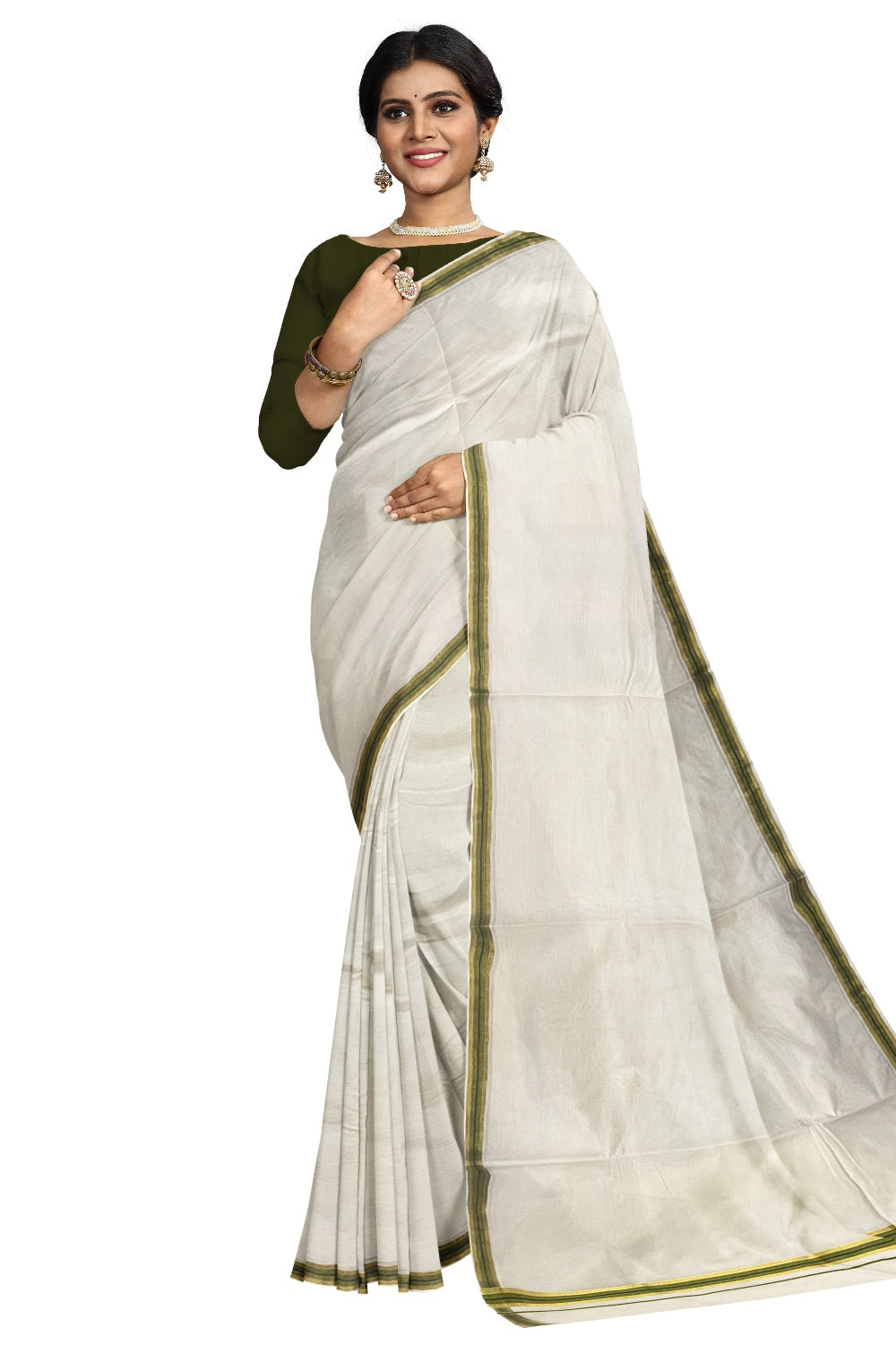 Kerala Pure Cotton Plain Saree with Kasavu and Green Border