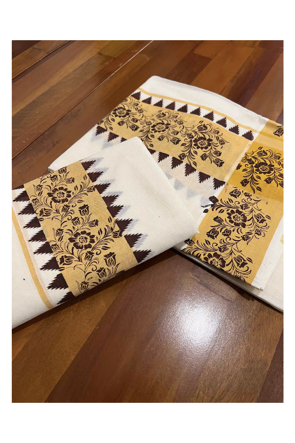 Kerala Cotton Set Mundu (Mundum Neriyathum) with Yellow Brown Floral Block Printed Temple Border