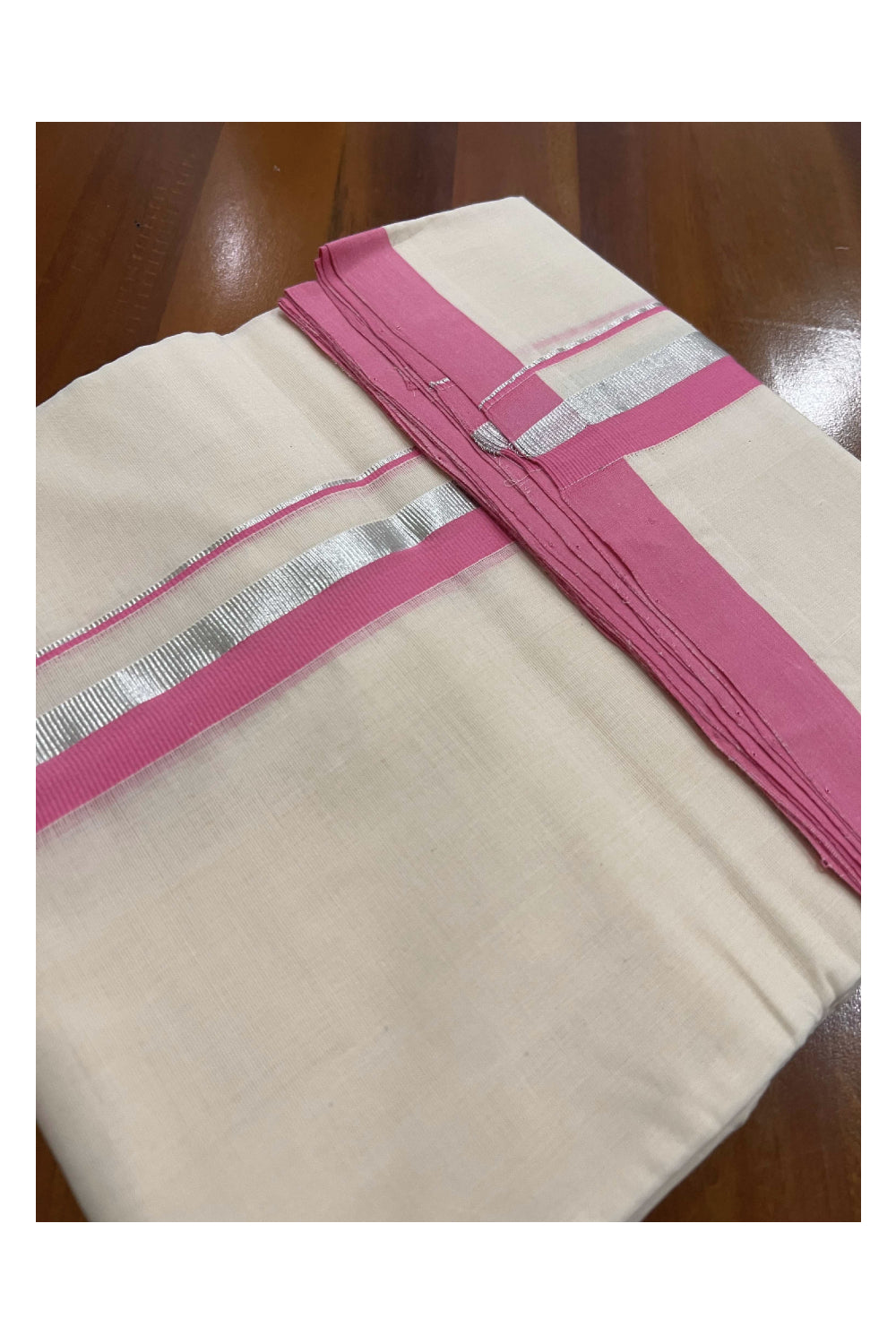 Off White Pure Cotton Double Mundu with Silver Kasavu and Pink Kara (South Indian Dhoti)