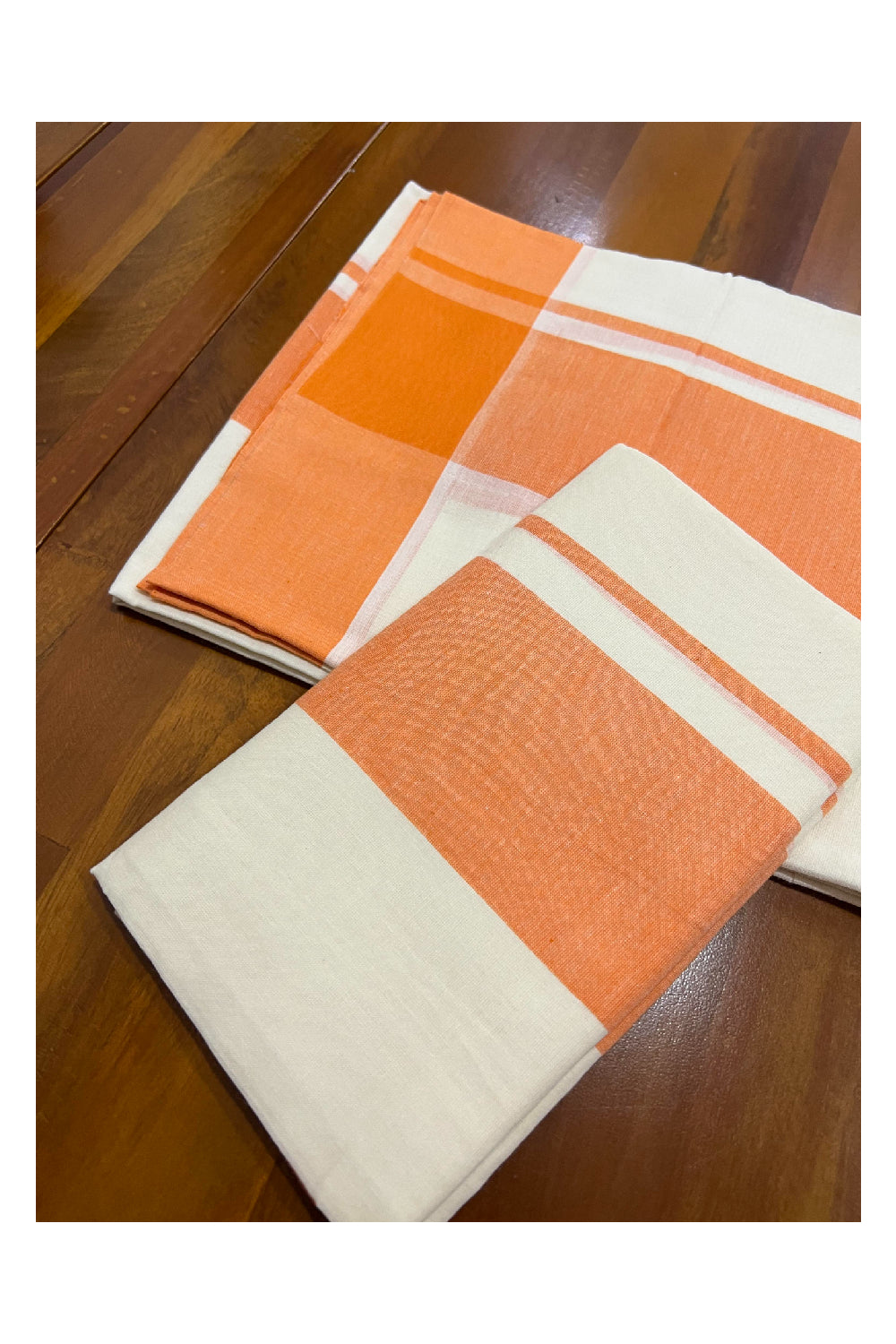 Kerala Cotton Mundum Neriyathum Single (Set Mundu) with Orange Border