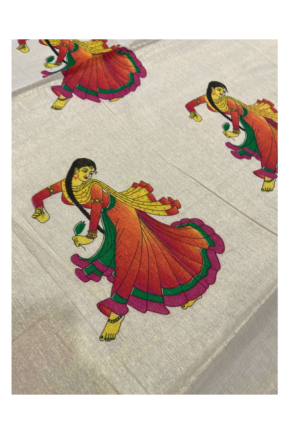 Kerala Tissue Kasavu Saree With Mural Dancing Girl Printed Design