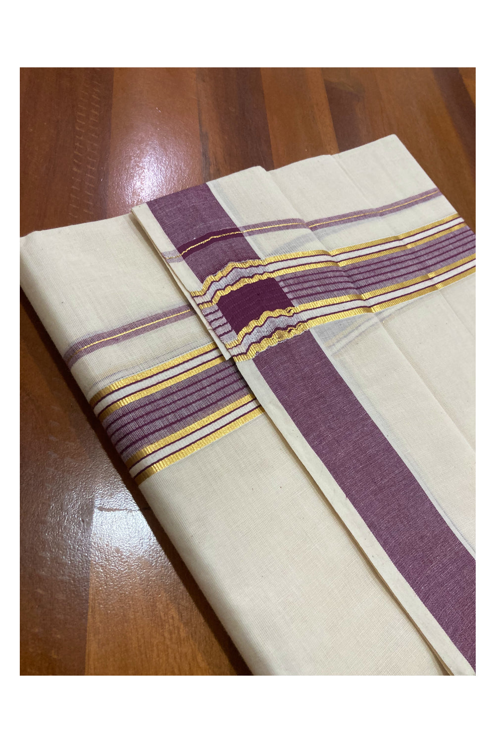 Pure Cotton Off White Double Mundu with Violet and Kasavu Border (South Indian Dhoti)