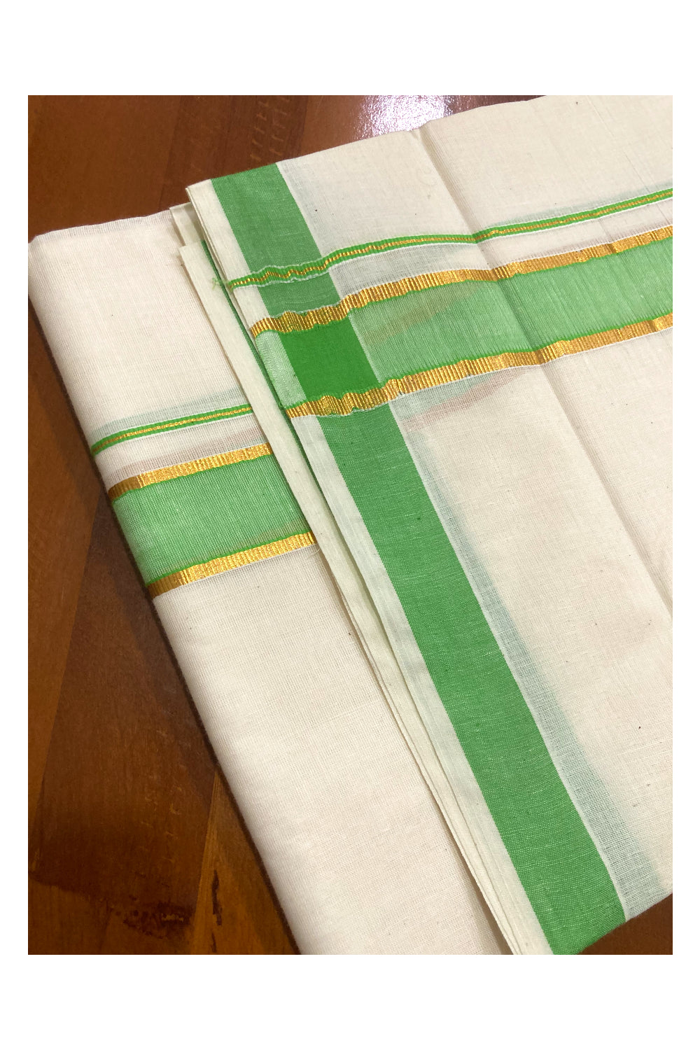 Pure Cotton Double Mundu with Green and Kasavu Border (South Indian Dhoti)