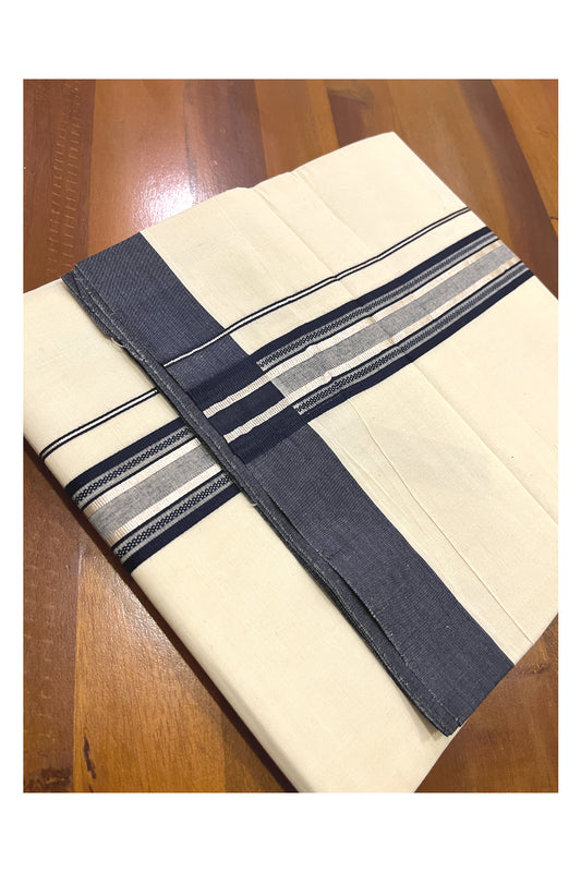 Pure Cotton Off White Double Mundu with Navy Blue and Silver Kara (South Indian Dhoti)