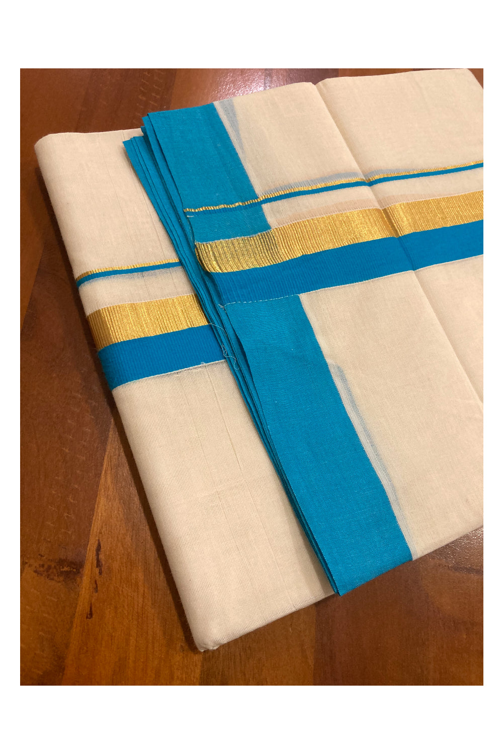 Off White Pure Cotton Double Mundu with Kasavu and Blue Border (South Indian Dhoti)