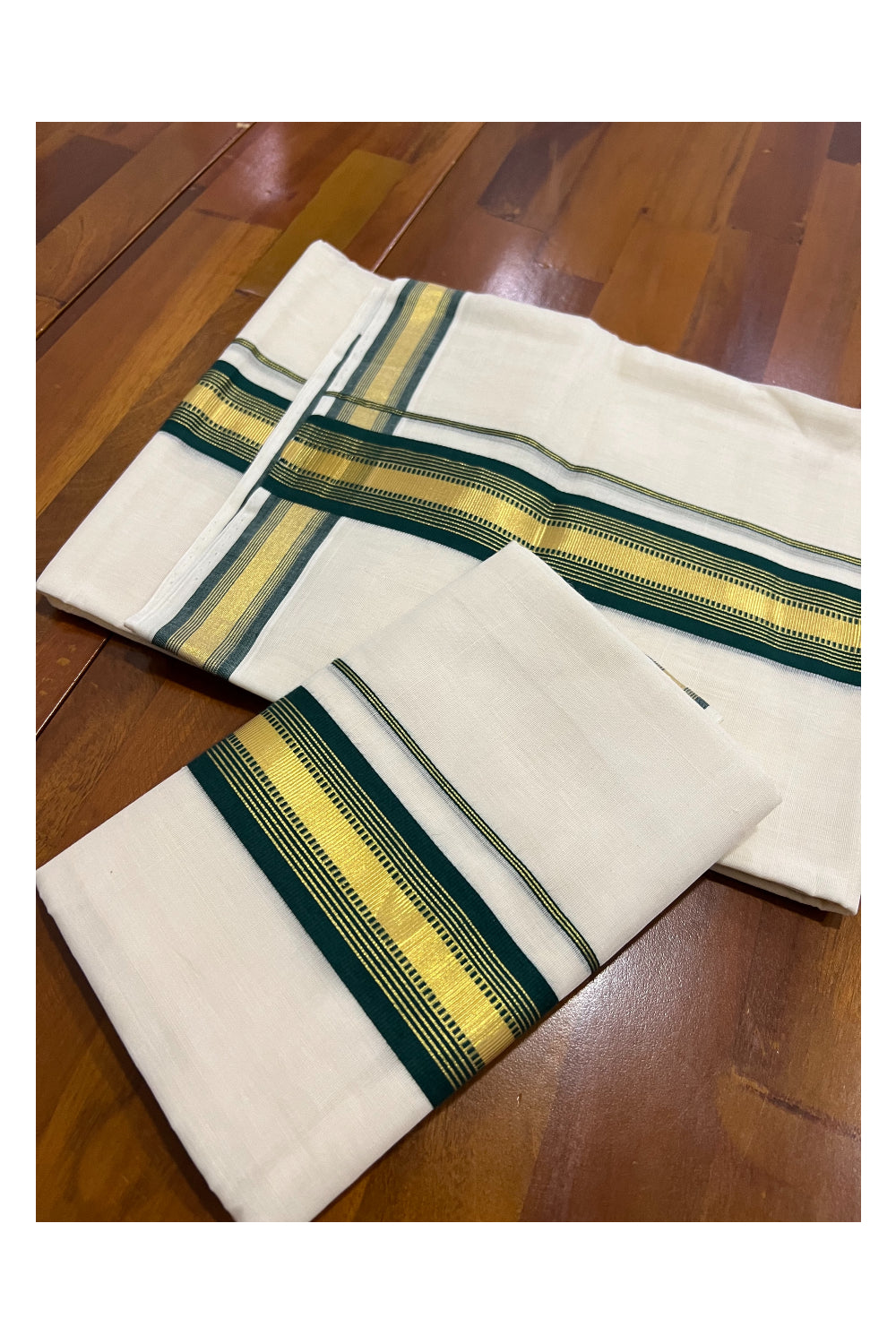 Southloom Premium Handloom Set Mundu with Kasavu and Green Border 2.70 Mtrs