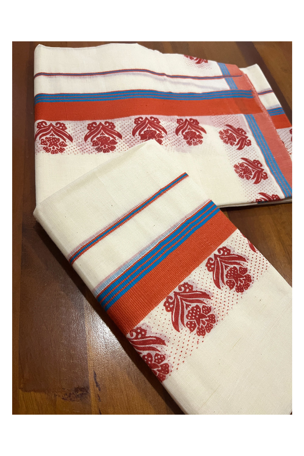 Kerala Cotton Single Set Mundu (Mundum Neriyathum) with Orange Block Prints on Border