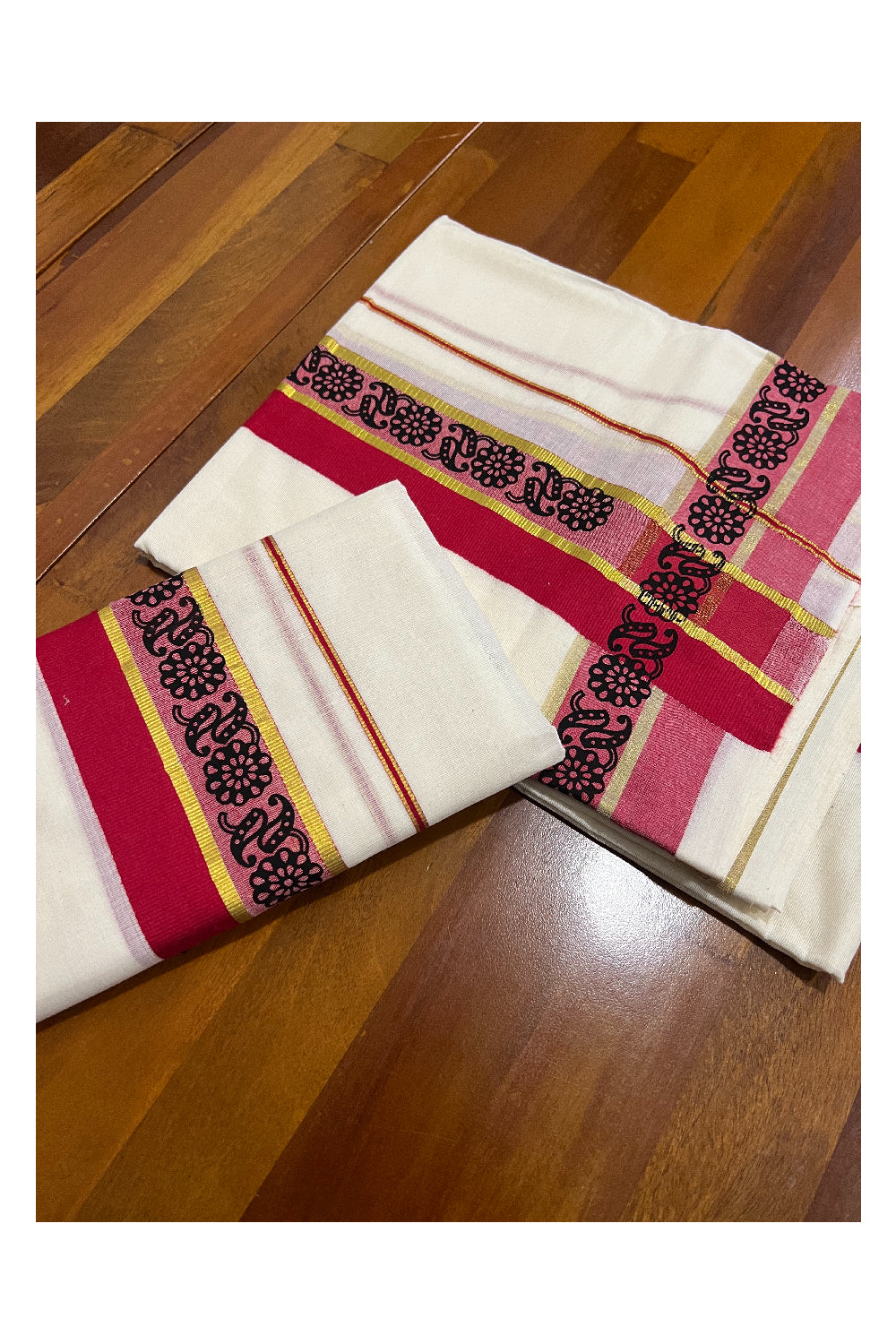 Kerala Cotton Kasavu Set Mundu (Mundum Neriyathum) with Black Floral Block Prints in Red Border