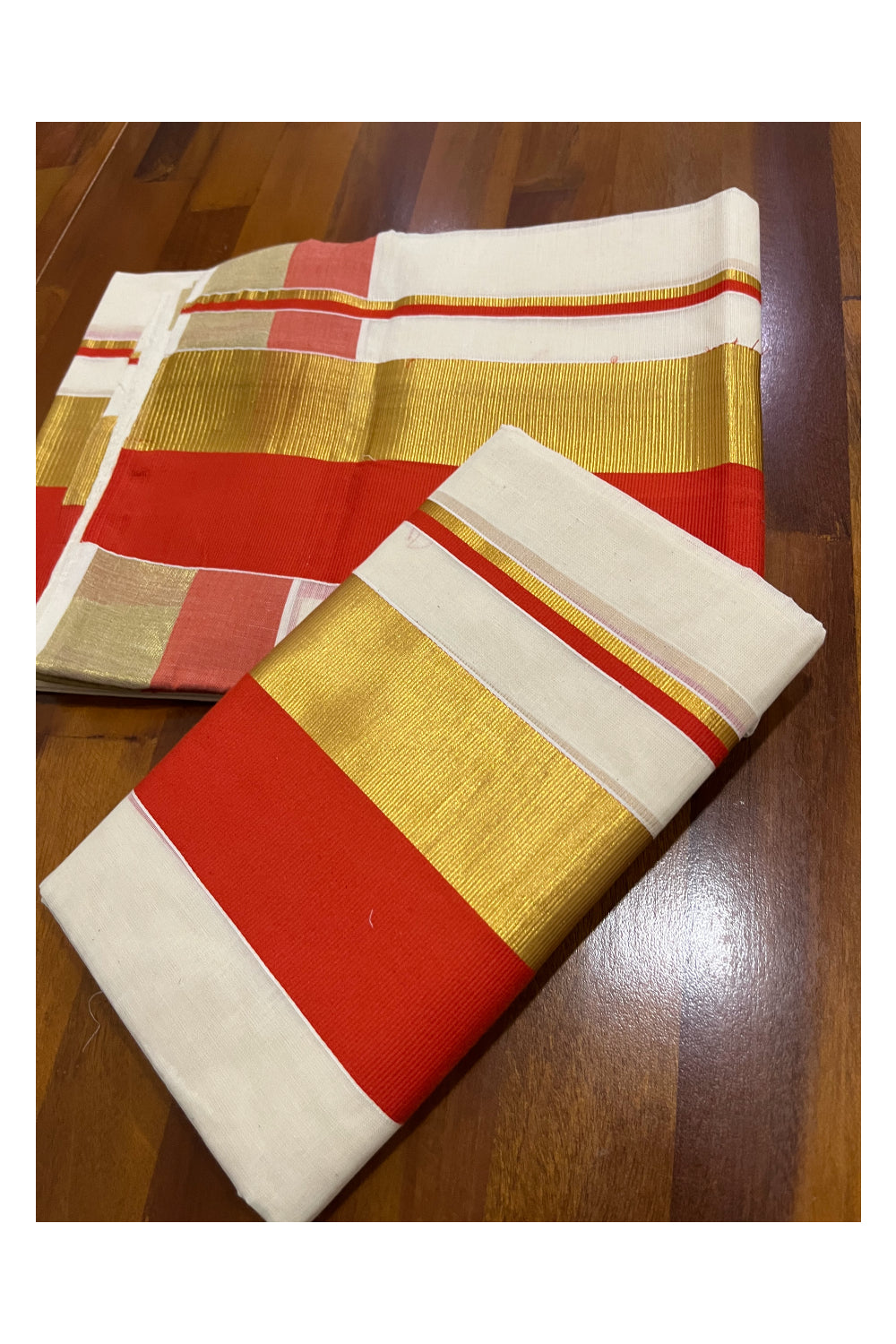 Pure Cotton Kerala Single Set Mundu (Mundum Neriyathum) with Orange and Kasavu Border 2.80 Mtrs