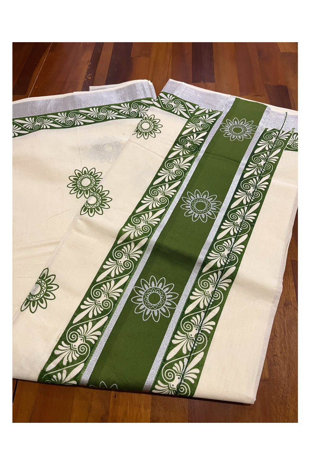 Pure Cotton Kerala Saree with Green Block Prints and Silver Kasavu Border (Onam Saree 2023)