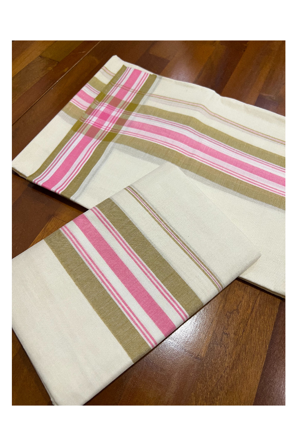 Kerala Cotton Mundum Neriyathum Single (Set Mundu) with Pink and Yellow Mulloth Border (Extra Soft Cotton)