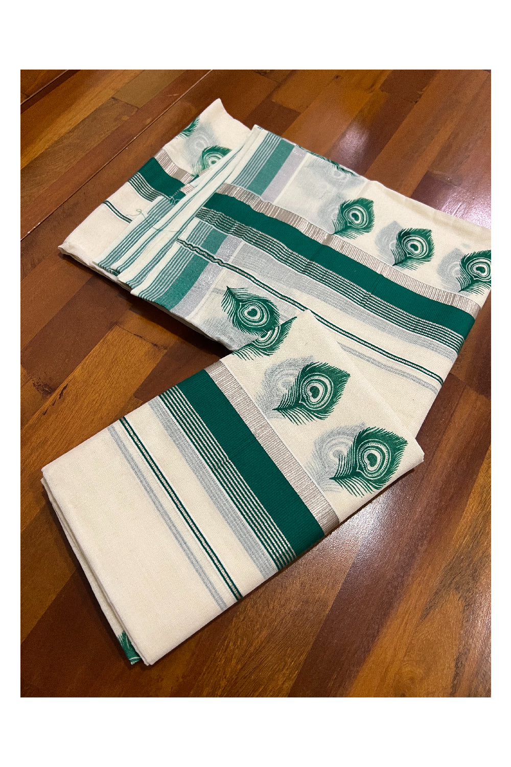 Kerala Cotton Set Mundu (Mundum Neriyathum) with Green Feather Block Prints and Silver Border