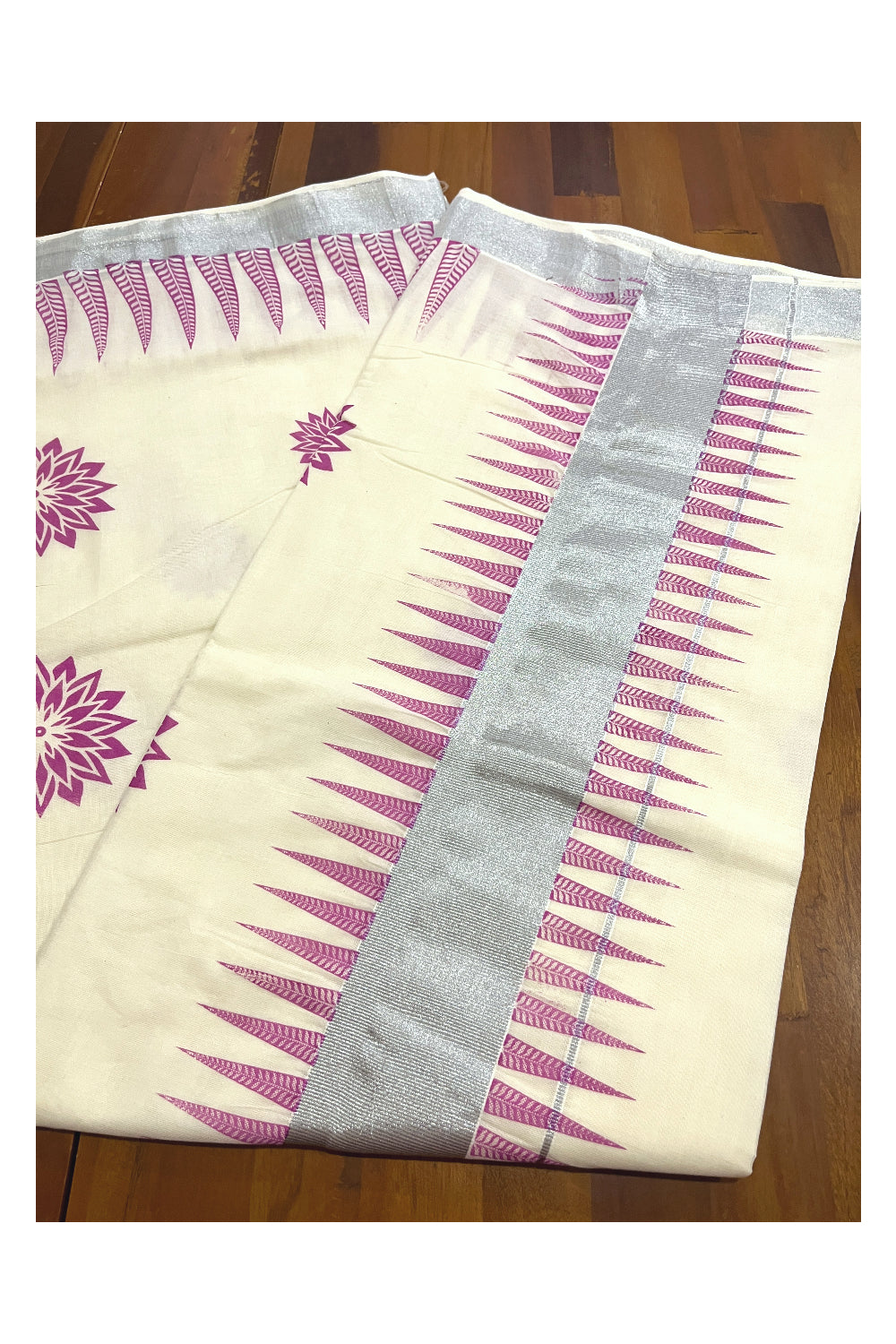 Pure Cotton Kerala Saree with Pink Temple Block Prints and Silver Kasavu Border (Onam Saree 2023)