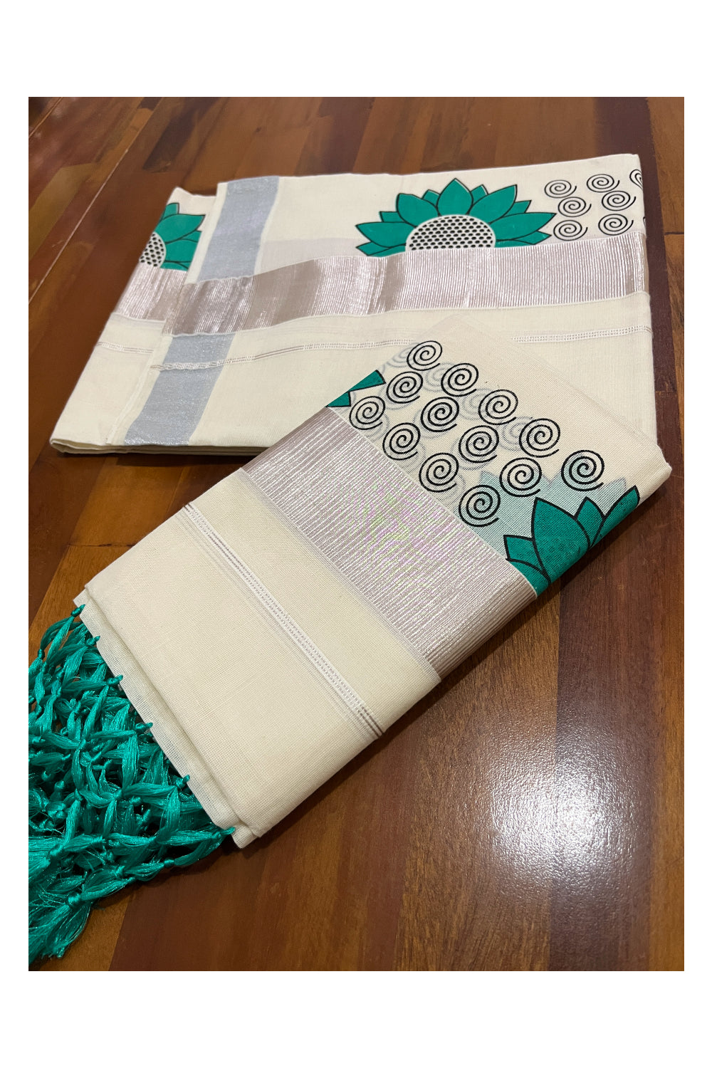 Pure Cotton Single Set Mundu (Mundum Neriyathum Vishu 2023) with Silver Kasavu Green Floral Block Prints and Tassels Work 2.80 Mtrs