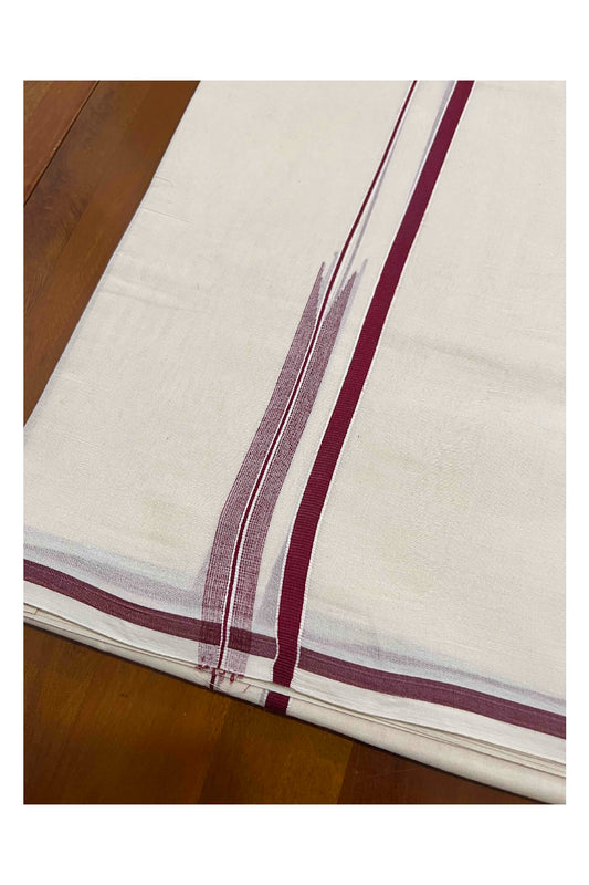 Off White Pure Cotton Double Mundu with Maroon Puliyilakkara Border (South Indian Dhoti)