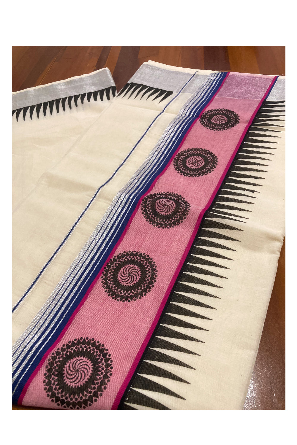 Pure Cotton Silver Kasavu Kerala Saree with Black Block Prints on Magenta Border