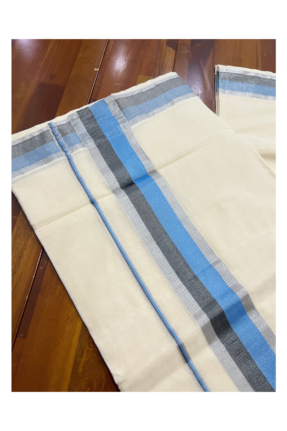 Pure Cotton Kerala Plain Saree with Silver and Light Blue Black Kasavu Border