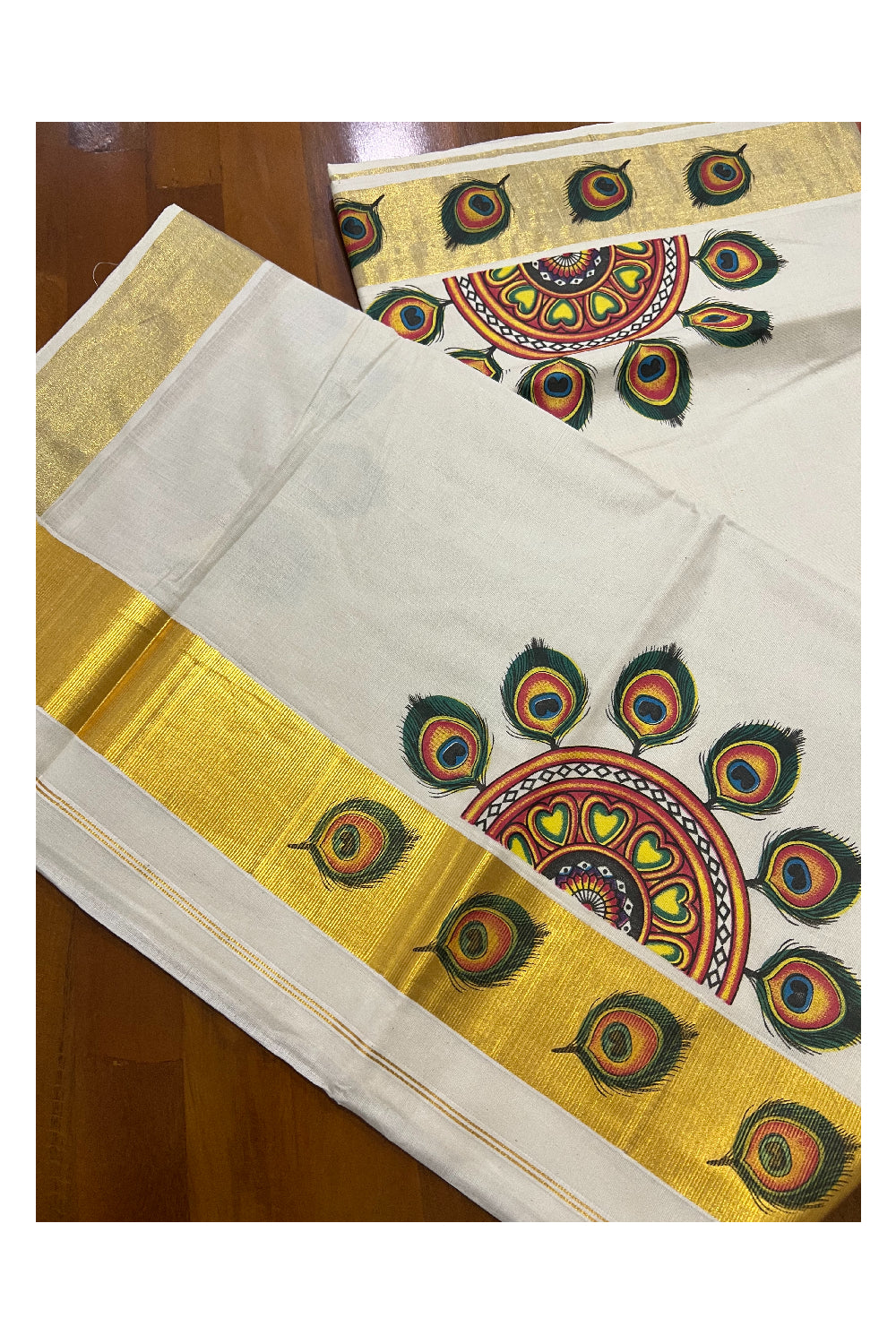 Pure Cotton Kerala Kasavu Saree with Mural Printed Feather Semi Circle Design