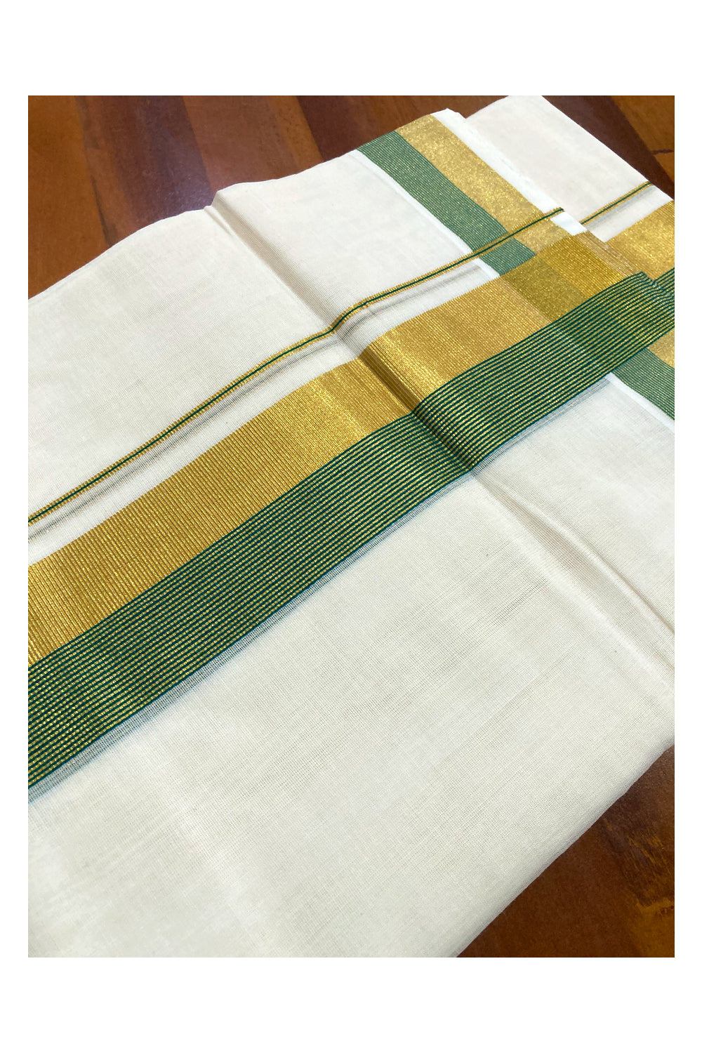 Southloom Premium Handloom Pure Cotton Mundu with Kasavu and Green Line Border (South Indian Dhoti)