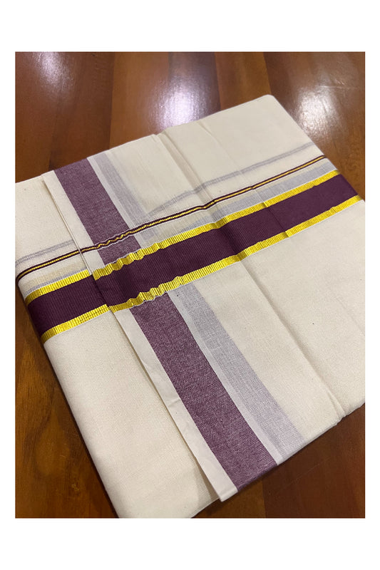 Off White Pure Cotton Double Mundu with Kasavu and Purple Kara (South Indian Dhoti)