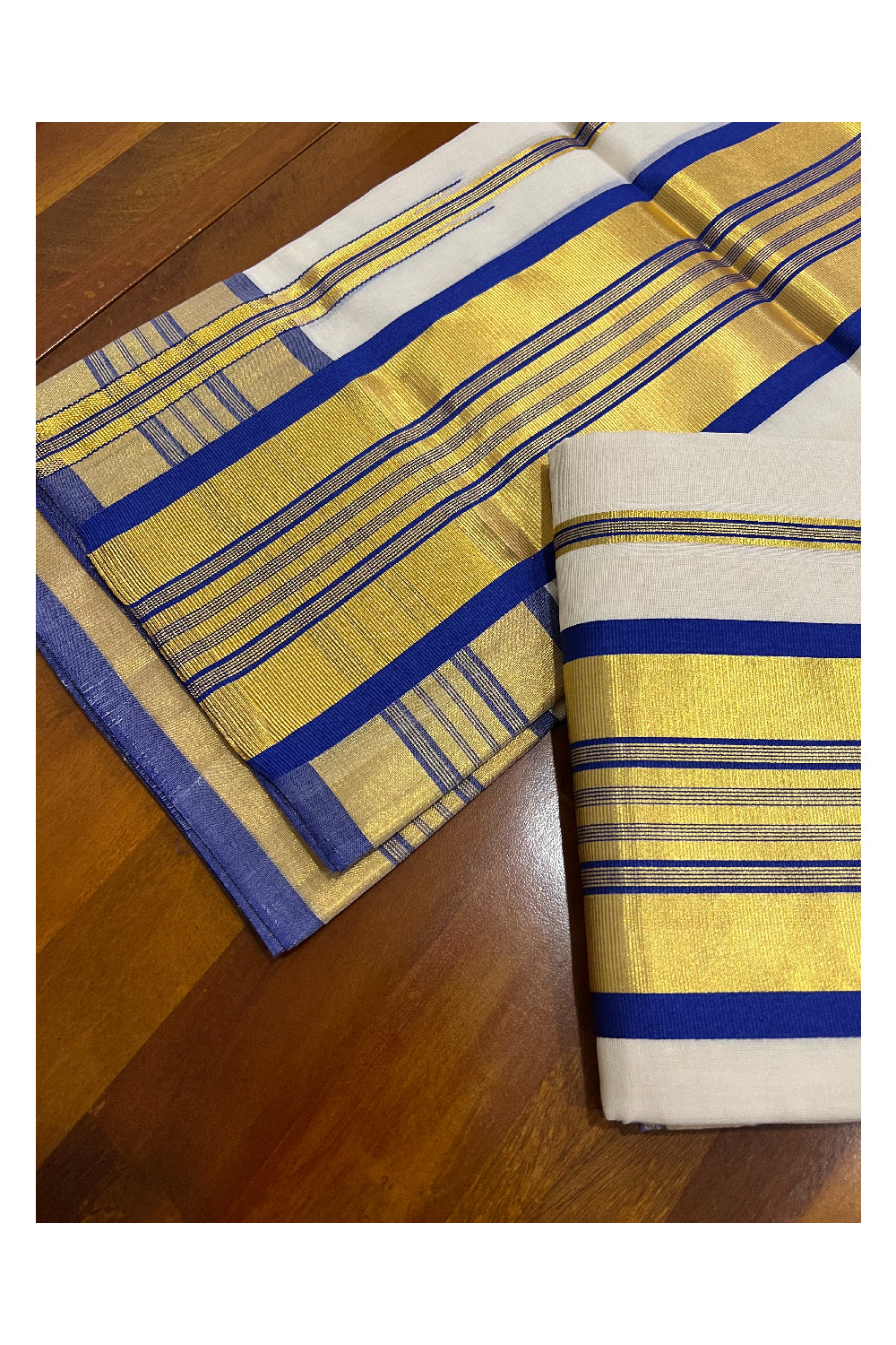 Southloom Premium Handloom Set Mundu with Kasavu and Blue Stripes Border 2.80 Mtrs