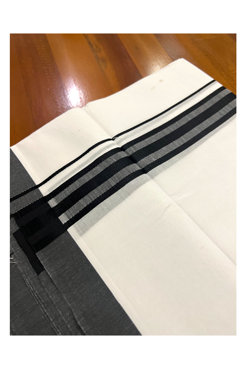 Pure White Cotton Double Mundu with Black Line Border (South Indian Dhoti)