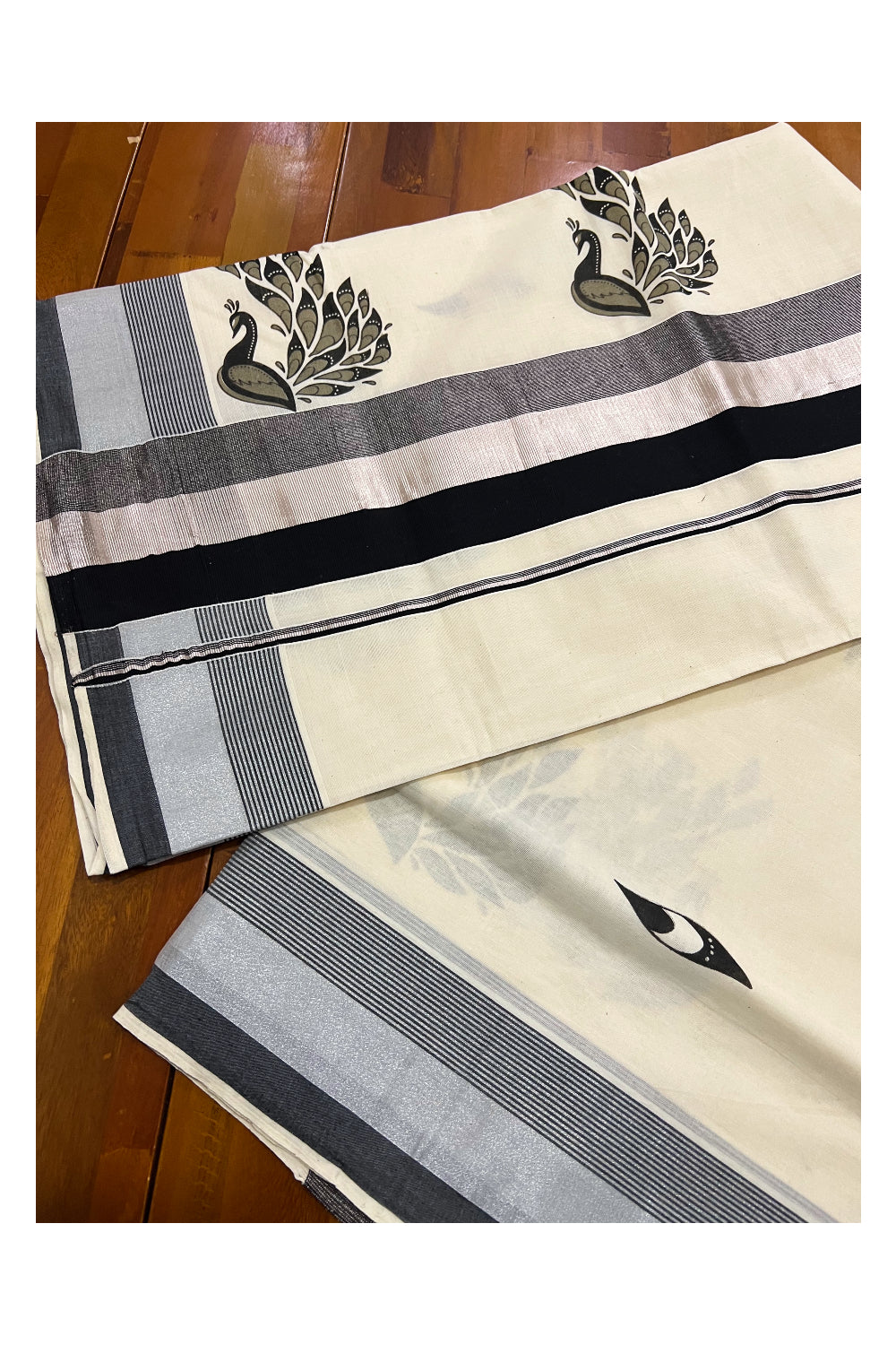 Kerala Pure Cotton Black and Silver Kasavu Border Saree with Peacock Mural Printed Design