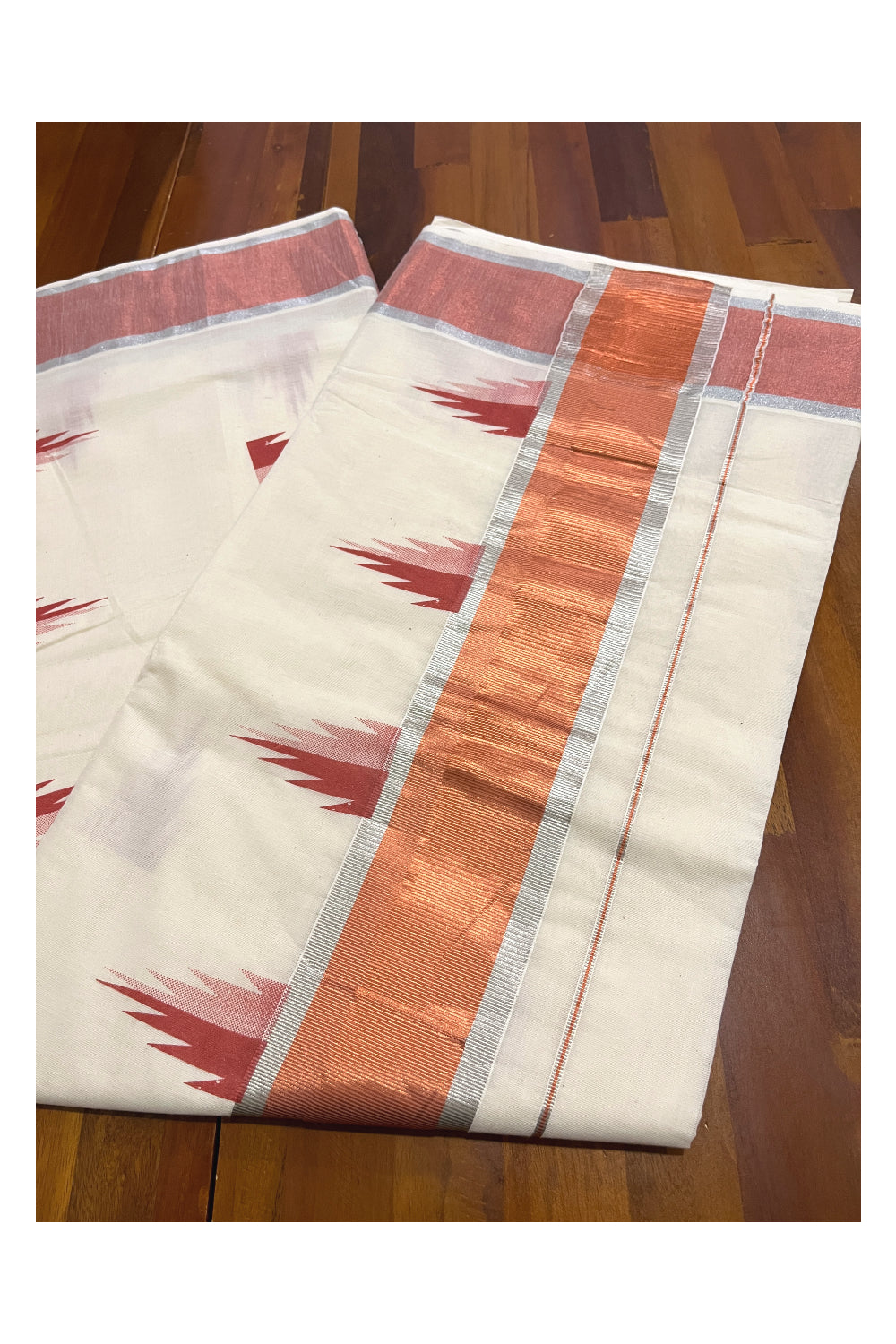 Pure Cotton Kerala Saree with Copper and Silver Kasavu Temple Block Printed Border (Vishu Saree 2023)