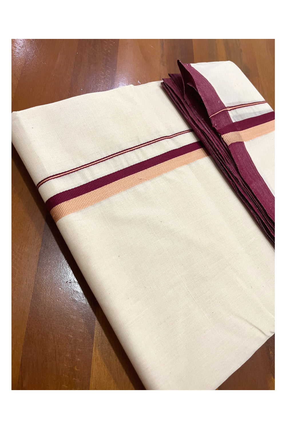 Southloom Premium Handloom Double Mundu with Maroon and Sandal Border