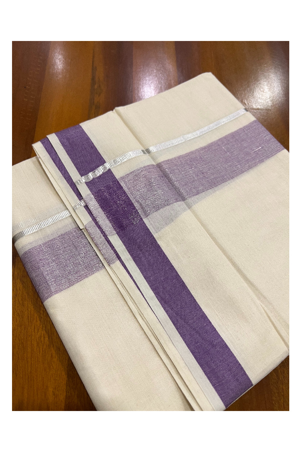 Pure Cotton Off White Double Mundu with Violet and Silver Kasavu Border (South Indian Dhoti)