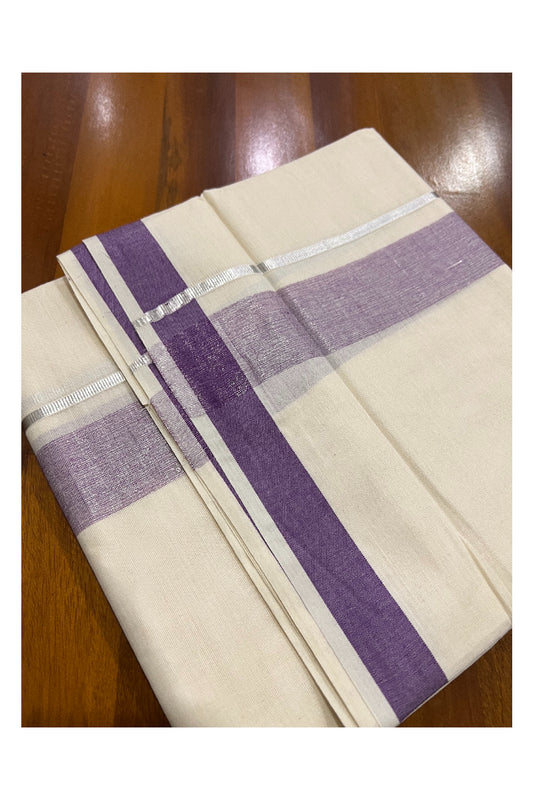 Pure Cotton Off White Double Mundu with Violet and Silver Kasavu Border (South Indian Dhoti)