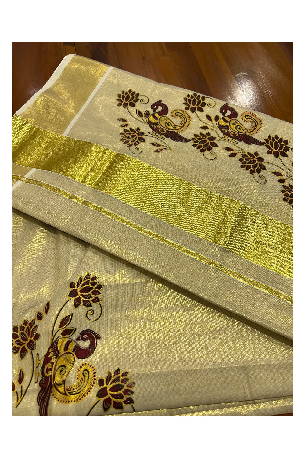 Kerala Tissue Kasavu Saree With Mural Maroon Peacock and Floral Printed Design