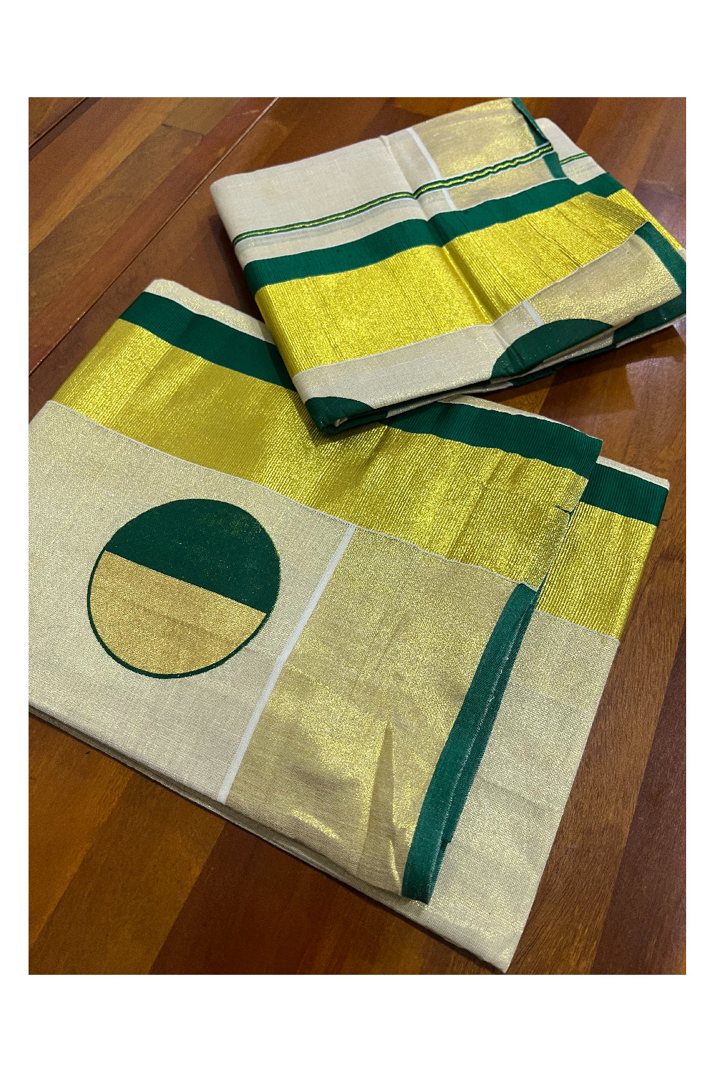 Kerala Tissue Kasavu Set Mundu (Mundum Neriyathum) with Green and Kasavu Block Print Design