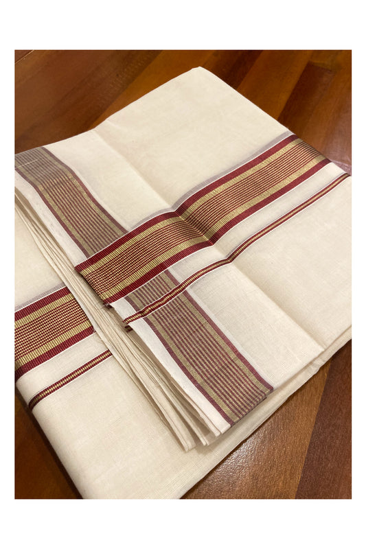 Southloom Premium Handloom Cotton Off White Mundu with Maroon and Kasavu Border (South Indian Dhoti)