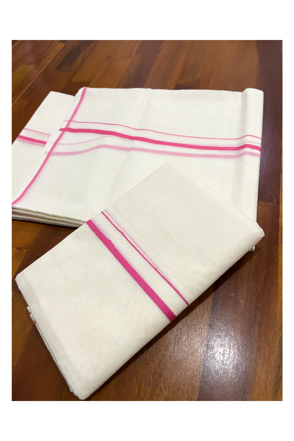 Kerala Cotton Mundum Neriyathum Single (Set Mundu) with Pink Line Border