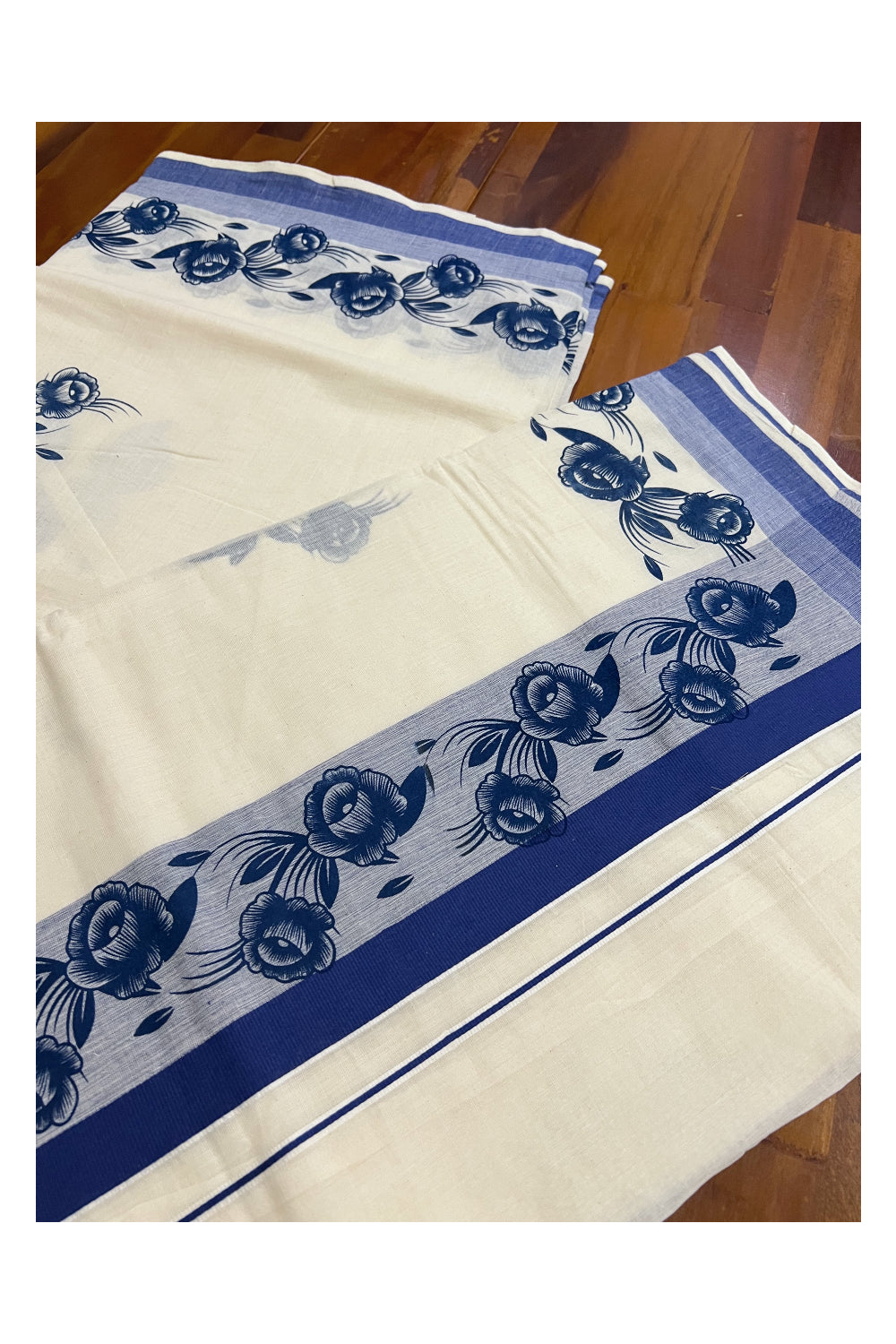 Pure Cotton Kerala Saree with Floral Blue Printed Design