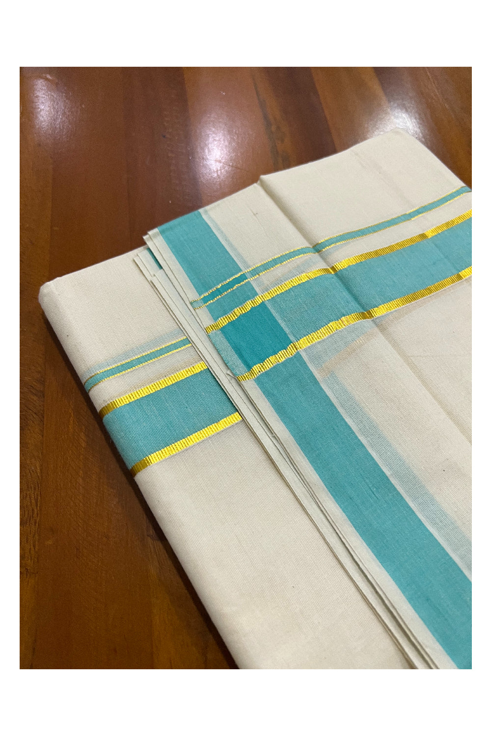 Off White Kerala Double Mundu with Kasavu and Turquoise Border (South Indian Dhoti)