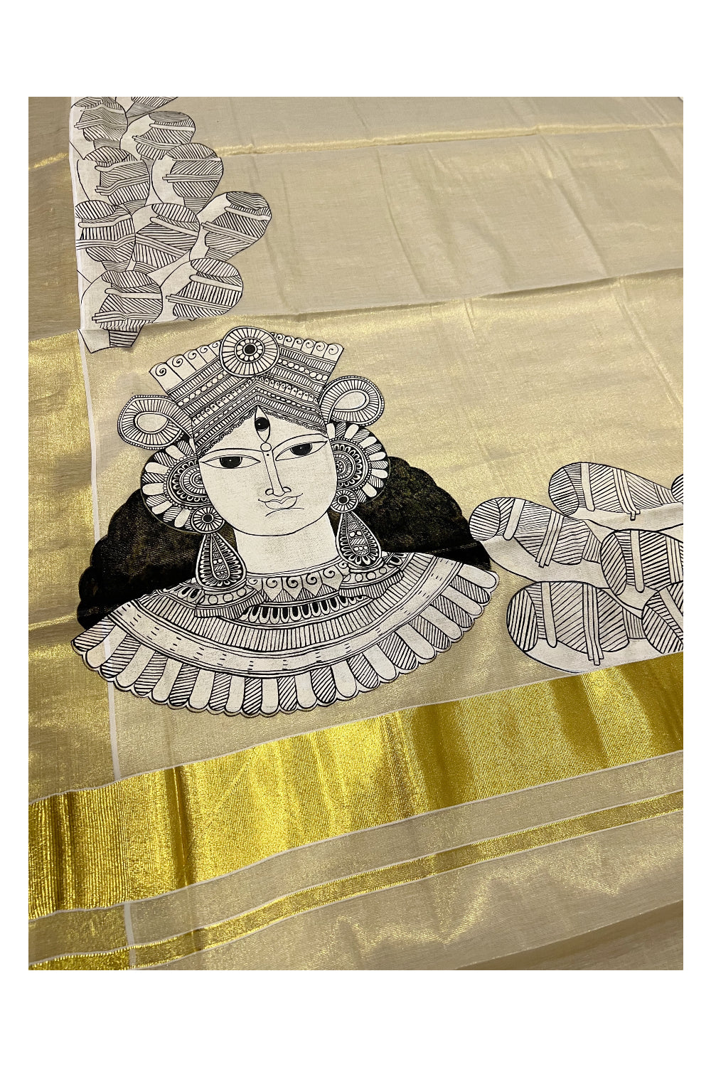 Kerala Kasavu Tissue Saree with Hand Painted Works on Body