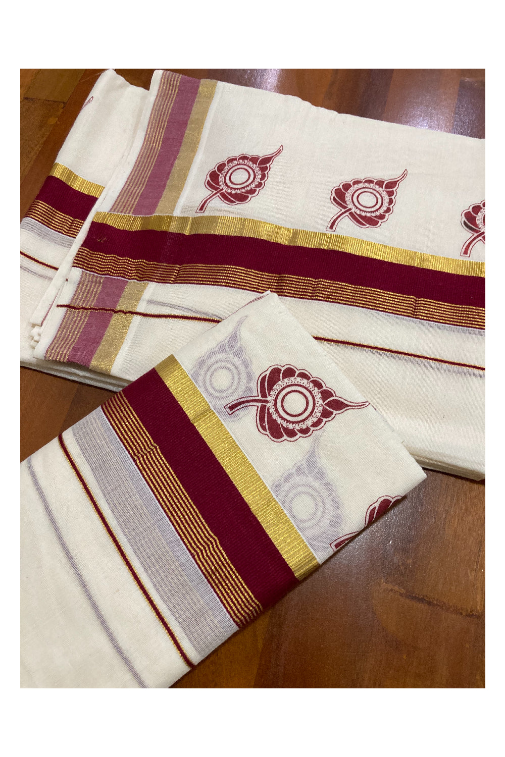 Pure Cotton Kasavu Set Mundu (Mundum Neriyathum) with Maroon Leaf Block Prints on Border