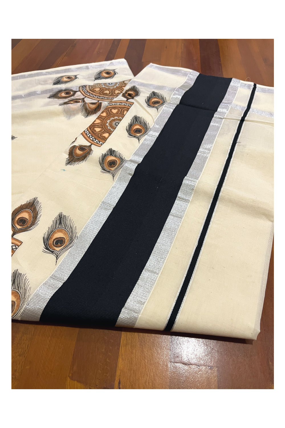 Pure Cotton Kerala Saree with Brown Peacock Feather Semi Circle Mural Prints and Silver Black Border