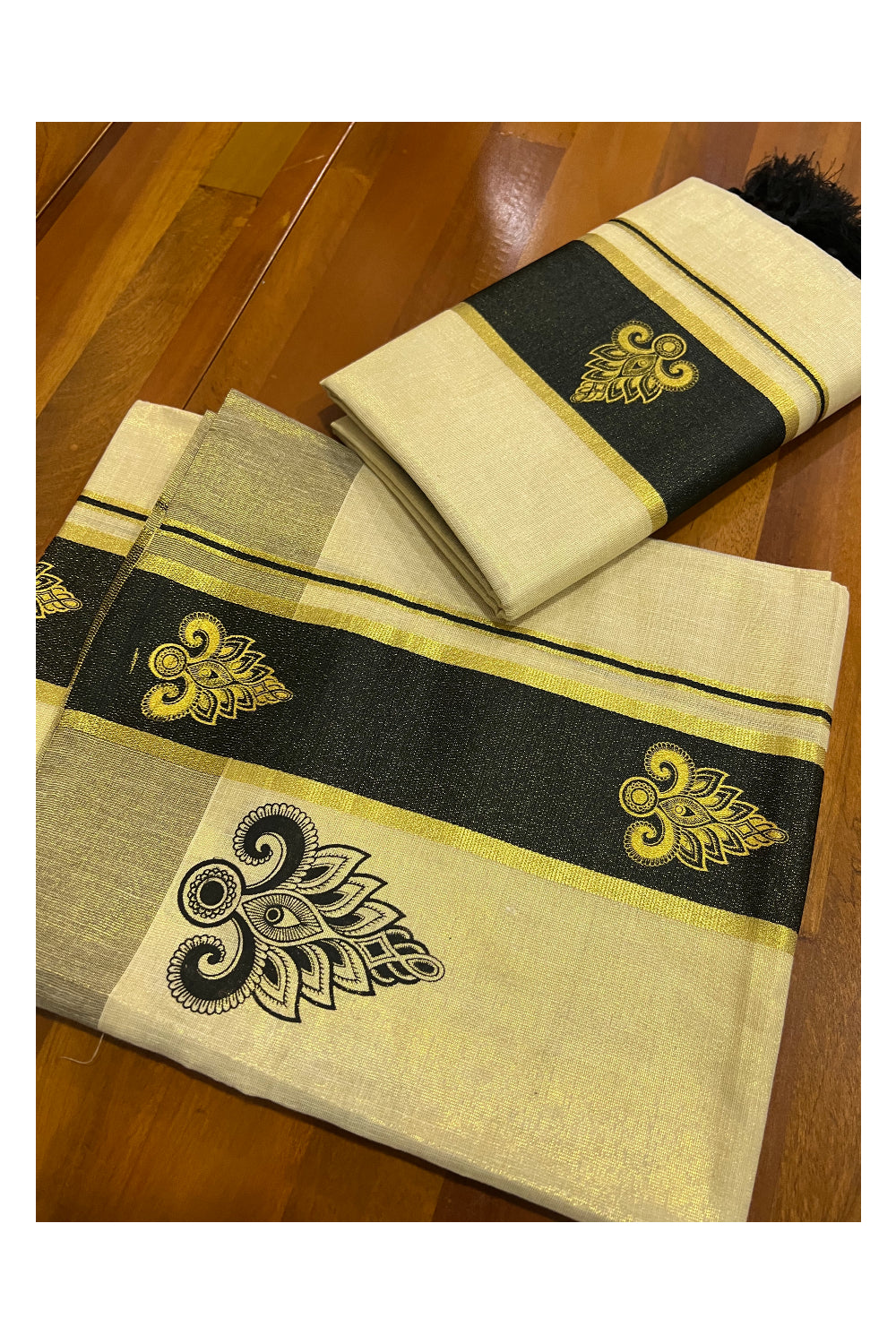 Kerala Tissue Kasavu Set Mundu (Mundum Neriyathum) with Golden and Black Block Prints and Tassels