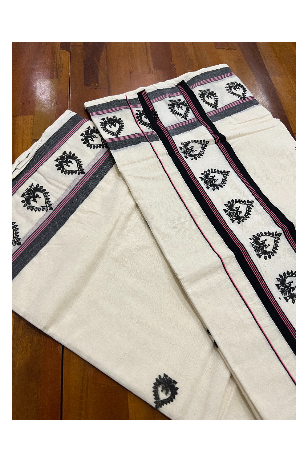 Pure Cotton Kerala Saree with Black Block Prints and Black Pink Border