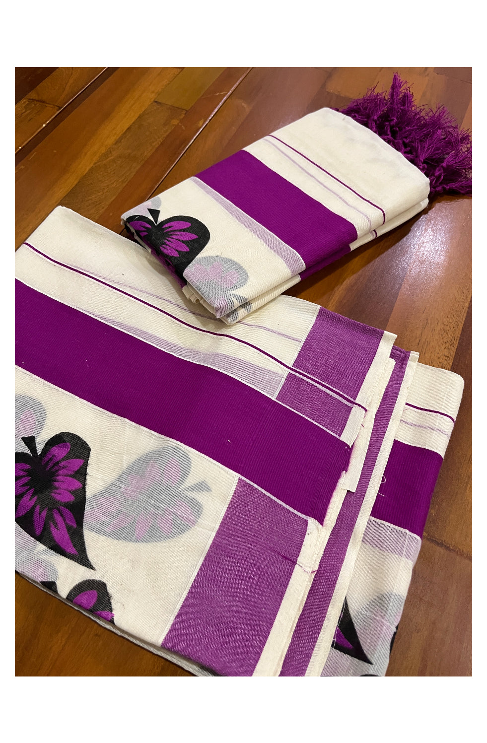 Kerala Cotton Set Mundu (Mundum Neriyathum) with Leaf Block Prints on Dark Magenta Border and Tassels Works