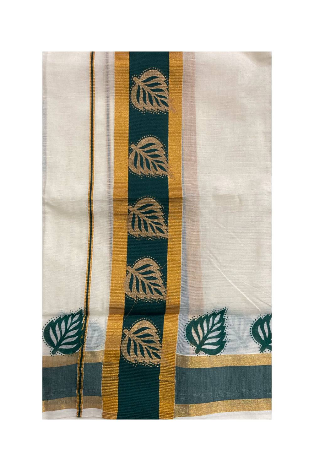 Kerala Cotton Mundum Neriyathum (Set Mundu) with Block Prints on Kasavu and Dark Green Border