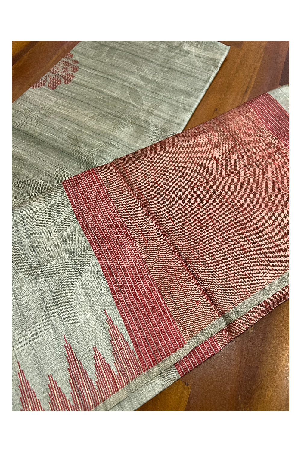 Southloom Grey Semi Tussar Designer Saree with Red Temple Border