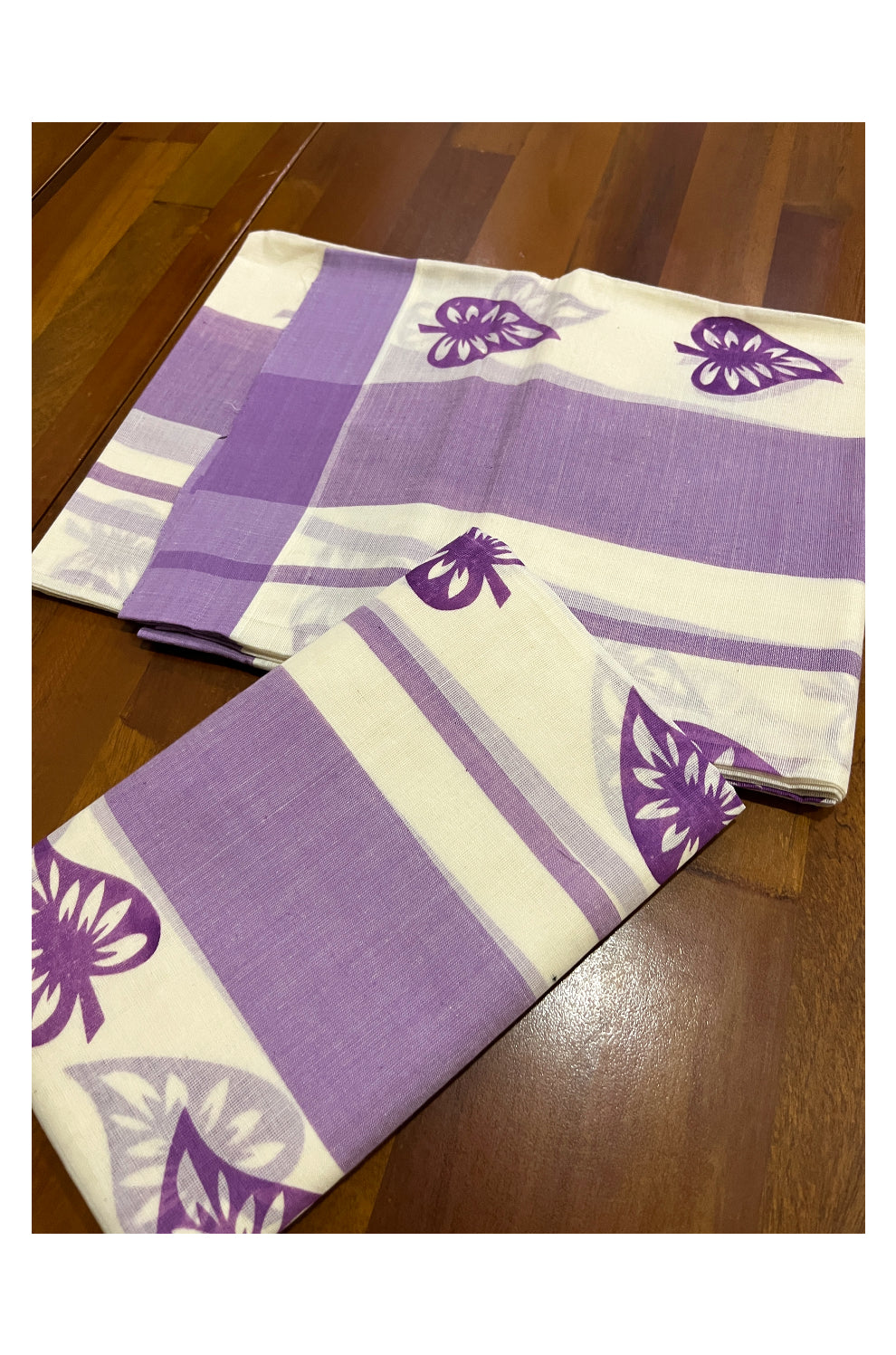 Pure Cotton Single Set Mundu (Mundum Neriyathum Onam 2023) with Violet Block Prints and Border